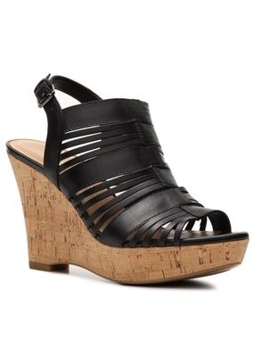 Franco Sarto Women Sharp Sandal! Size 9.5 Black Leather Wedge Heel Cork Platform